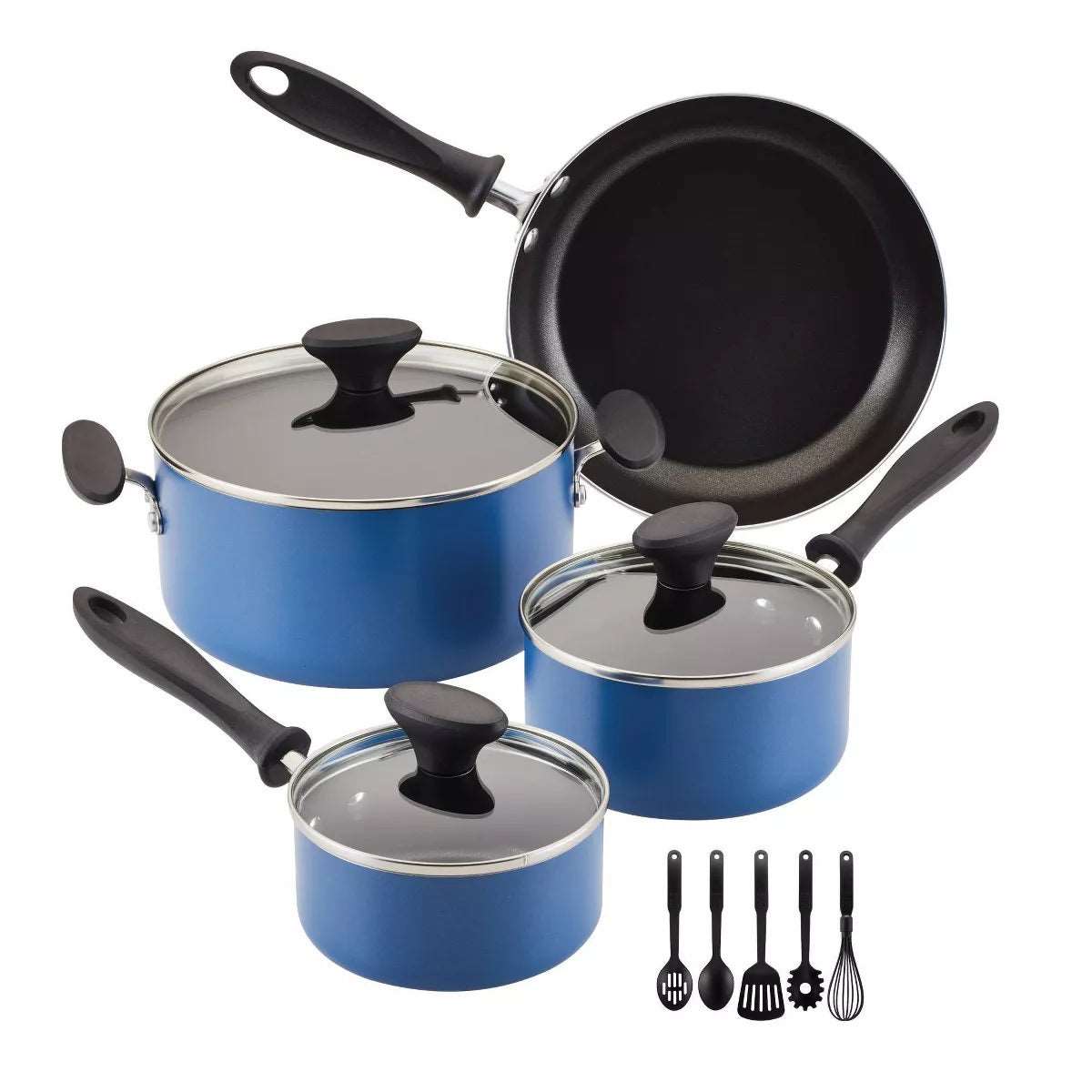12pc Nonstick Aluminum Cookware Set with Prestige Tools Doba Blue